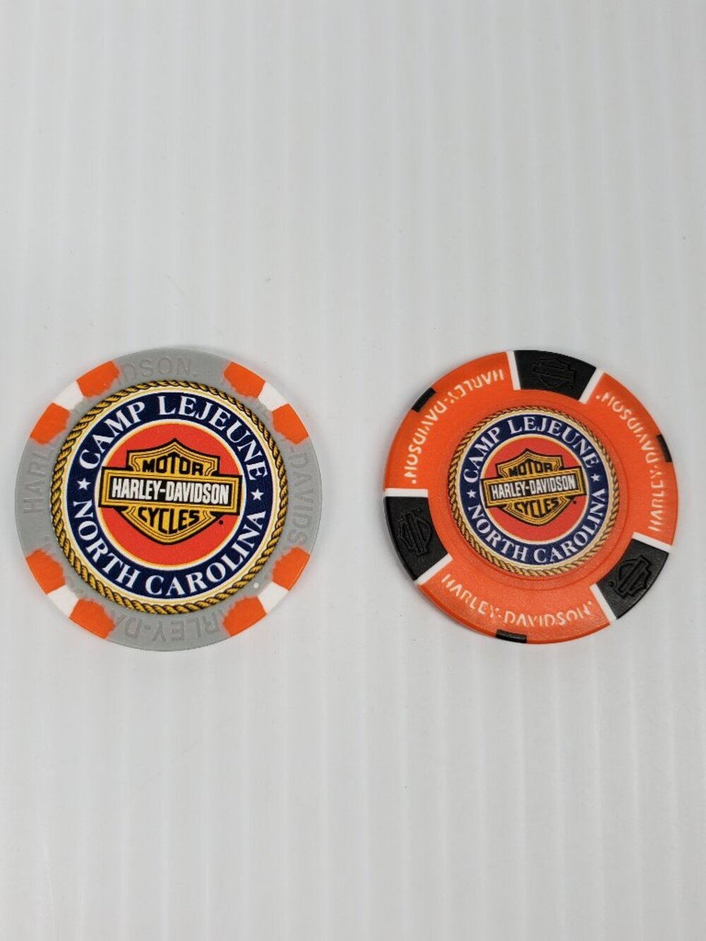 Lot of 2 Harley-Davidson Poker Chip Camp Lejeune Orange Grey White Black